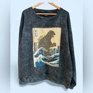 Rare Godzilla XL Sweatshirt with Black Distressed Wash and Tapestry Patch